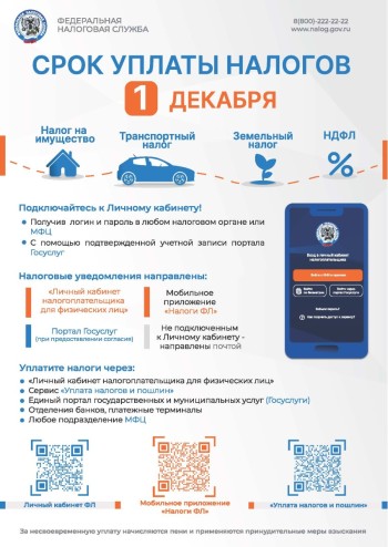 1 декабря истекает срок для своевременной оплаты физическими лицами налогов на имущество, указанных в направленных им уведомлениях за 2024год